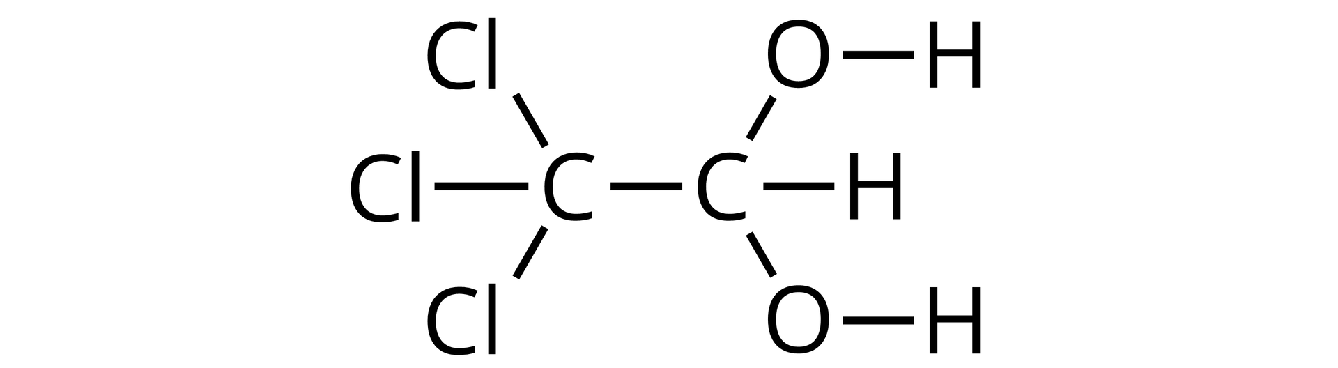 Ilustracja przedstawia wzór strukturalny. Atom węgla łączy się przez wiązania pojedyncze z trzema atomami chloru oraz tworzy wiązanie pojedyncze z atomem węgla dodatkowo związanym z dwiema grupami hydroksylowymi i atomem wodoru.