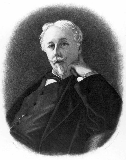 Ilustracja przedstawia portret starszego mężczyzny. Postać ukazuje lewy półprofil. Twarz mężczyzny jest owalna. Ma on wysokie czoło i lekką łysinę. Jego włosy są siwe i falujące. Mężczyzna ma ciemne brwi i oczy z opadającymi powiekami. Postać patrzy przed siebie. Mężczyzna ma duży haczykowaty nos. Ma gęste wąsy z uniesionymi końcówkami. Jego usta są lekko otwarte. Mężczyzna ma wystylizowaną, kozią brodę. Opiera dłoń o lewy policzek. Jest ubrany w koszulę, kamizelkę i marynarkę.