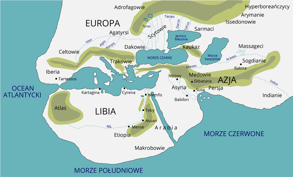 Mapa stworzona przez Herodota przedstawia świat jaki wówczas wyobrażali sobie Grecy. Znajdują się na niej jedynie trzy kontynenty: Europa, Azja i Libia czyli dzisiejsza Afryka. Większość granic mórz i lądów jest całkowicie zniekształcona w stosunku do rzeczywistości. Mapa ukazuje jedynie znane Grekom miasta, pasma górskie, rzeki, krainy, i tereny zamieszkiwane przez poszczególne ludy.