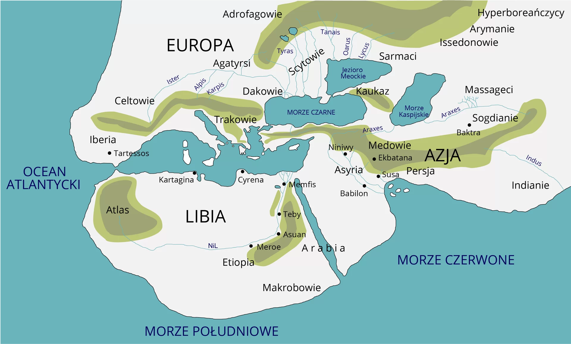Mapa stworzona przez Herodota przedstawia świat jaki wówczas wyobrażali sobie Grecy. Znajdują się na niej jedynie trzy kontynenty: Europa, Azja i Libia czyli dzisiejsza Afryka. Większość granic mórz i lądów jest całkowicie zniekształcona w stosunku do rzeczywistości. Mapa ukazuje jedynie znane Grekom miasta, pasma górskie, rzeki, krainy, i tereny zamieszkiwane przez poszczególne ludy.