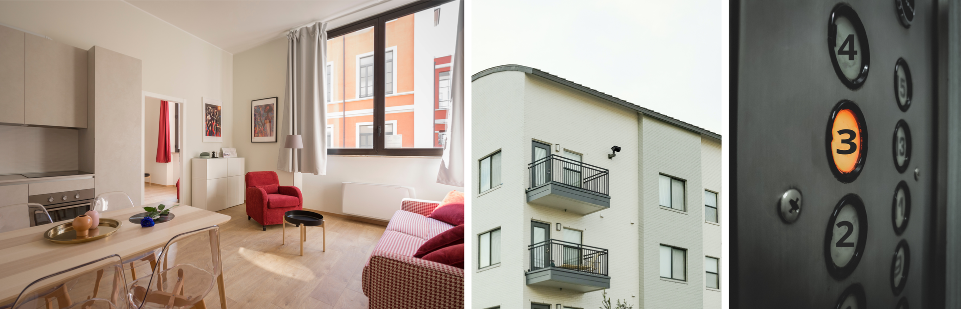 Ilustracja składa się z trzech zdjęć. Zdjęcie po lewej stronie przedstawia przestronny salon z aneksem kuchennym i dużym oknem. Po lewej stronie znajduje się stół z krzesłami, a za nim widoczne są meble kuchenne i piekarnik. Na drugim planie po lewej znajdują się: komoda, fotel, mały stolik, lustro. Na ścianie wiszą dwa obrazki. Po prawej stronie znajduje się kanapa. Środkowe zdjęcie przedstawia kilkupiętrowy budynek, widoczne są okna i balkony. Na zdjęciu po prawej widoczny jest panel w windzie. Podświetlony jest przycisk z cyfrą 3.