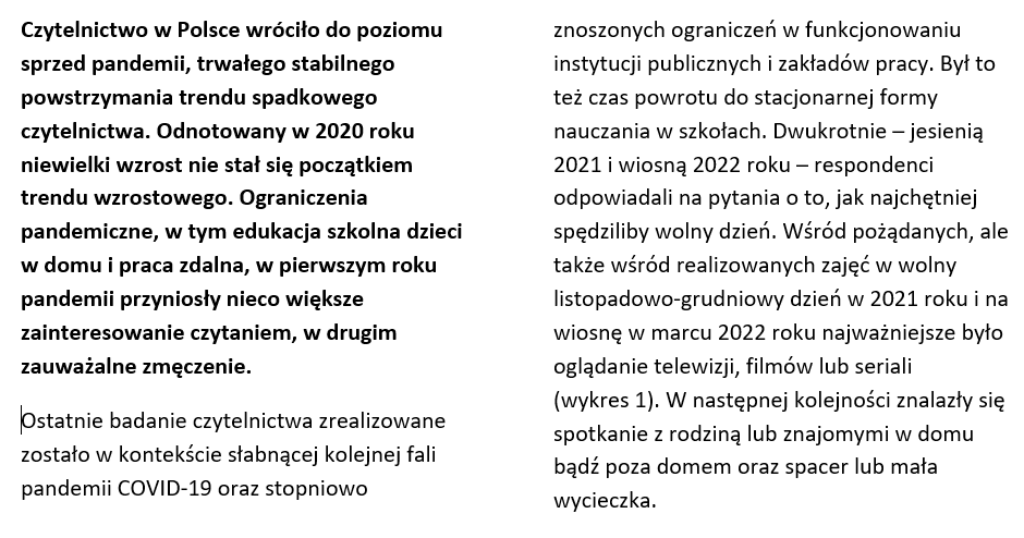 Na zdjęciu przedstawiono przykładowy dokument tekstowy. Tekst umieszczony jest w dwóch kolumnach, pierwsza, krótsza część napisana jest pogrubioną czcionką.  