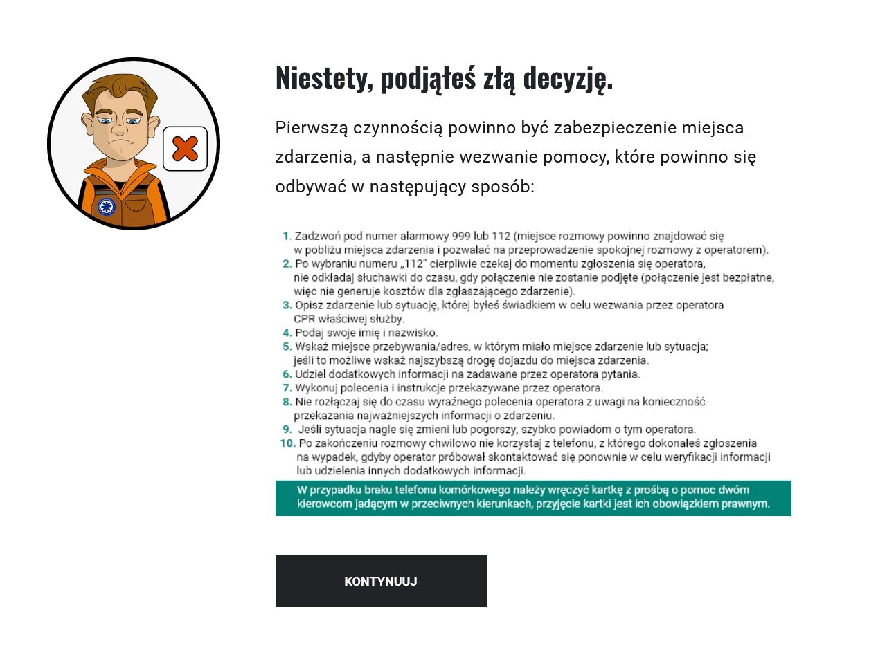 Przykładowy komunikat o błędnej odpowiedzi w grze