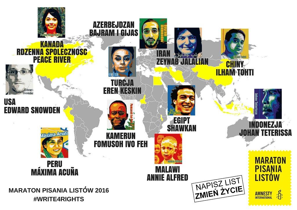 Ilustracja przedstawiająca plakat, który promował w 2016 roku Maraton Pisania Listów, akcję zorganizowaną przez Amnesty International. Jest to mapa świata obrazująca zasięg działania bohaterów akcji, którymi są: rdzenna społeczność Peace River z Kanady, Edward Snowden ze Stanów Zjednoczonych, Máxima Acuña z Peru, Fomusoh Ivo Feh z Kamerunu, Eren Keskin z Turcji, Bajram i Gijas z Azerbejdżanu, Annie Alfred z Malawi, Shawkan z Egiptu, Zejnab Jalalian z Iranu, Ilham Tohti z Chin oraz Johan Teterissa z Indonezji.