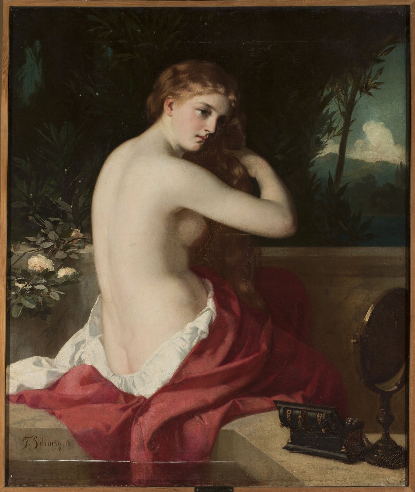 Ilustracja przedstawia półnagą młodą kobietę siedzącą na murku. Postać ukazuje plecy i prawy profil owalnej twarzy. Ma niskie czoło, ciemne brwi, prosty nos i zarumienione policzki. Jej długie, falujące włosy są przewieszone przez lewe ramię. Kobieta czesze je. Jej nogi są okryte dolną częścią sukni. Na murku stoi oprawione owalne lusterko i otwarta szkatułka z biżuterią. Na drugim planie ukazana jest balustrada tarasu i drzewo rosnące za nią. W tle szczyty gór i zachmurzone niebo.