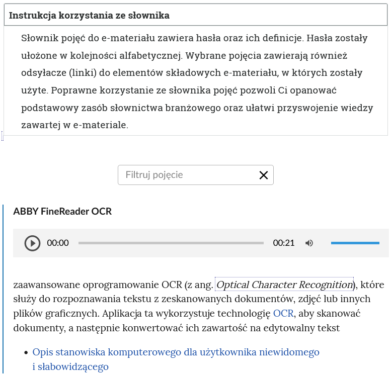 Grafika przedstawia przykładowy widok otwartej zakładki instrukcji korzystania ze słownika. Pod nazwą zakładki znajduje się prostokątny panel filtruj pojęcie i znak iks. Niżej widoczne jest hasło wraz z definicją.