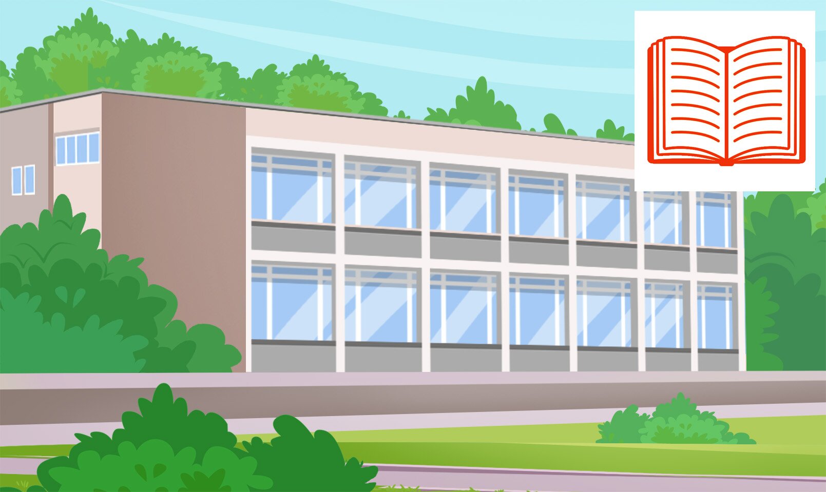 Ilustracja przedstawia budynek. Obok niego widoczna jest ilustracja książki 