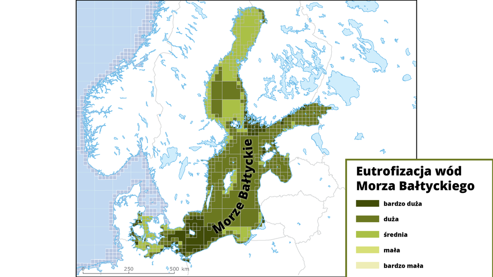 Na mapie zobrazowano stopień eutrofizacji wód Morza Bałtyckiego (ocena przeprowadzona w polach kwadratowych o boku 100 kilometrów na pełnym morzu i 20 kilometrów w strefie przybrzeżnej). Sytuacja najgorzej przedstawia się u wybrzeży Polski, Niemiec i Finlandii - eutrofizacja jest tam bardzo duża. Na znacznym obszarze Bałtyku jest duża. Na samej północy średnia. Mała i bardzo mała nie występuje.   