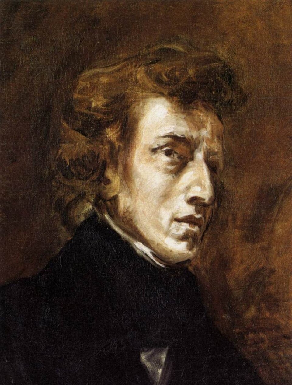 Ilustracja przedstawia obraz Eugène'a Delacroix „Portret Fryderyka Chopina”. Jest to popiersie. Chopin zwrócony jest w prawą stronę, ukazany z półprofilu. Ma falowane włosy. Jest poważny. 
