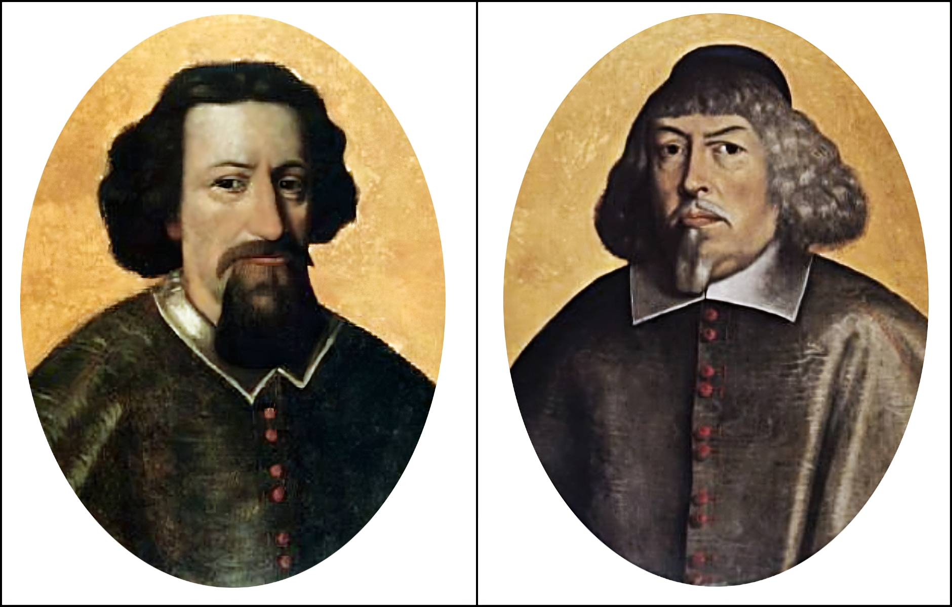 Kliknij, aby powiększyć. Na ilustracji po lewej stronie Andrzej Leszczyński, Prymas Polski w latach 1652 - 1658, po prawej stronie Wacław Leszczyński, Prymas Polski w latach 1658 - 1666. Postacie widać od ramion w górę. Obaj ubrani są w sutanny zapinane na czerwone, drobne guziki. Spod nich wystaje płócienny kołnierz. Wacław Leszczyński ma na głowie piuskę. Andrzej Leszczyński jest dojrzałym mężczyzną, brunetem z wąsami i habsburską bródką. Wacław Leszczyński ma szpakowate, kręcone włosy, które spływają mu na kark. Nosi zarost w typie hiszpańskim.