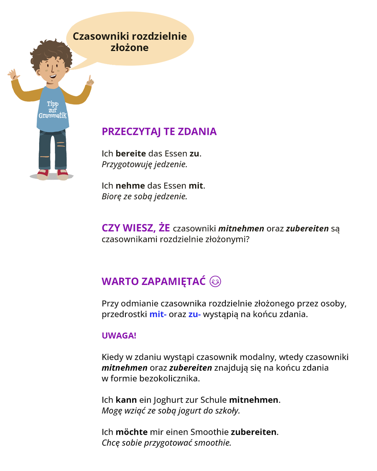 Ilustracja przedstawia poradę gramatyczną. Obrazek wprowadzający przedstawia chłopca ubranego w bluzę z napisem  Tipp zur Grammatik  i w spodnie. Chłopiec rozkłada ręce i mówi: Czasowniki rozdzielnie złożone. Widoczna na grafice treść tekstowa została udostępniona w transkrypcji znajdującej się poniżej.

