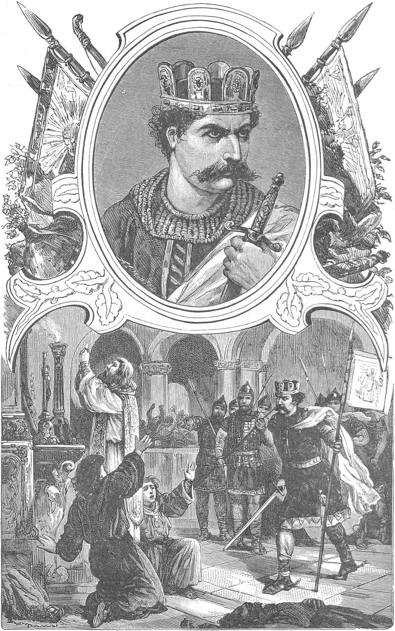 Szkic przedstawia Bolesława Śmiałego. Jego portret znajduje się w owalnej ramce. Jest on ubrany w zbroję i koronę. Ma  gęstego wąsa i krótkie czarne włosy. W ręce trzyma miecz. Po obu stronach ramki znajdują się włócznie i sztandary. Pod ramką została zilustrowana scena. Bolesław śmiały atakuje w niej dwóch klęczących przed nim mnichów. Trzyma on włócznie i sztandar. Za jego plecami znajdują się uzbrojeni żołnierze. Po lewej stronie przed ołtarzem stoi kapłan i odprawia obrzęd. Na ziemi leży ciało brodatego mężczyzny. 