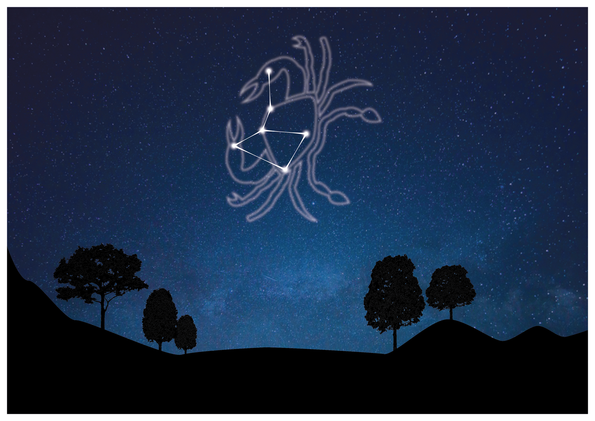 Ilustracja przedstawia gwiazdozbiór Raka (Cancer) na nocnym niebie. Dla lepszego efektu, gwiazdy połączono odcinkami i narysowano na nich kształt raka.