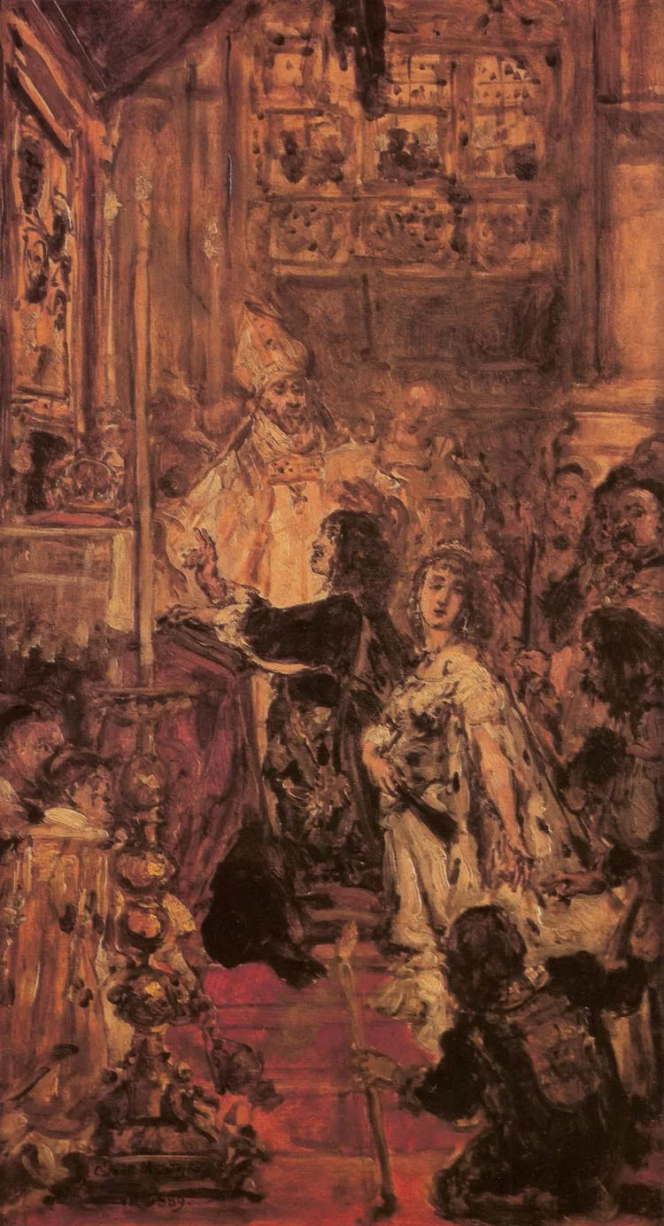 Kliknij, aby powiększyć. Szkic przedstawiający ludzi we wnętrzu kościoła. W centralnej części mężczyzna i kobieta klęczący przed obrazem Maryi i Dziecka. Mężczyzna ma długie włosy oraz wąsy. Obok niego kobieta w jasnej sukni. Za nimi stoi duchownym w jasnej szacie i mitrze. Wokół ludzie.