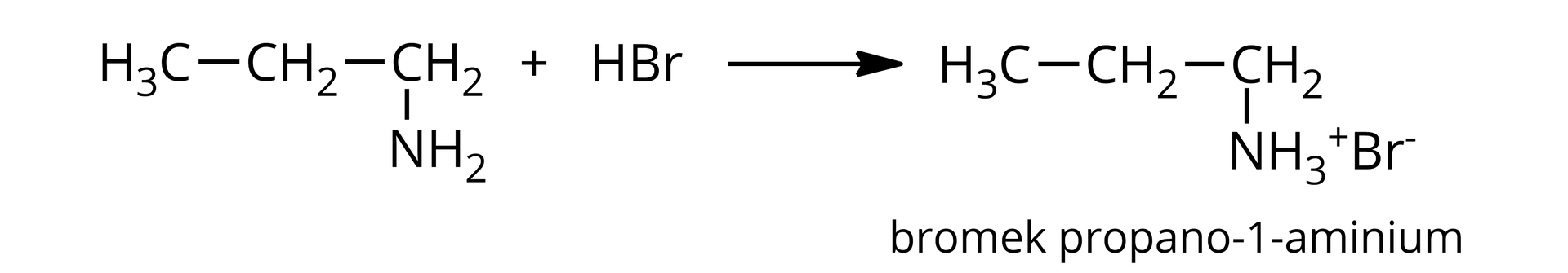 Ilustracja przedstawia równanie reakcji propano-1-aminy z bromowodorem. Cząsteczka aminy zbudowana z grupy metylowej połączonej z grupą metylową wiązaniem pojedynczym. Ta związana jest z drugą grupą metylową połączoną z grupą aminową. To znaczy wzór cząsteczki jest następujący: CH3CH2CH2NH2. Dodać cząsteczka HBr, czyli bromowodoru. Strzałka w prawo. Za strzałką bromek propano-1-aminium zbudowany następująco: CH3CH2CH2NH3+Br-, pomięszy grupą metylową, grupami metylenowymi i grupą amoniowa występują wiązania pojedyncze.