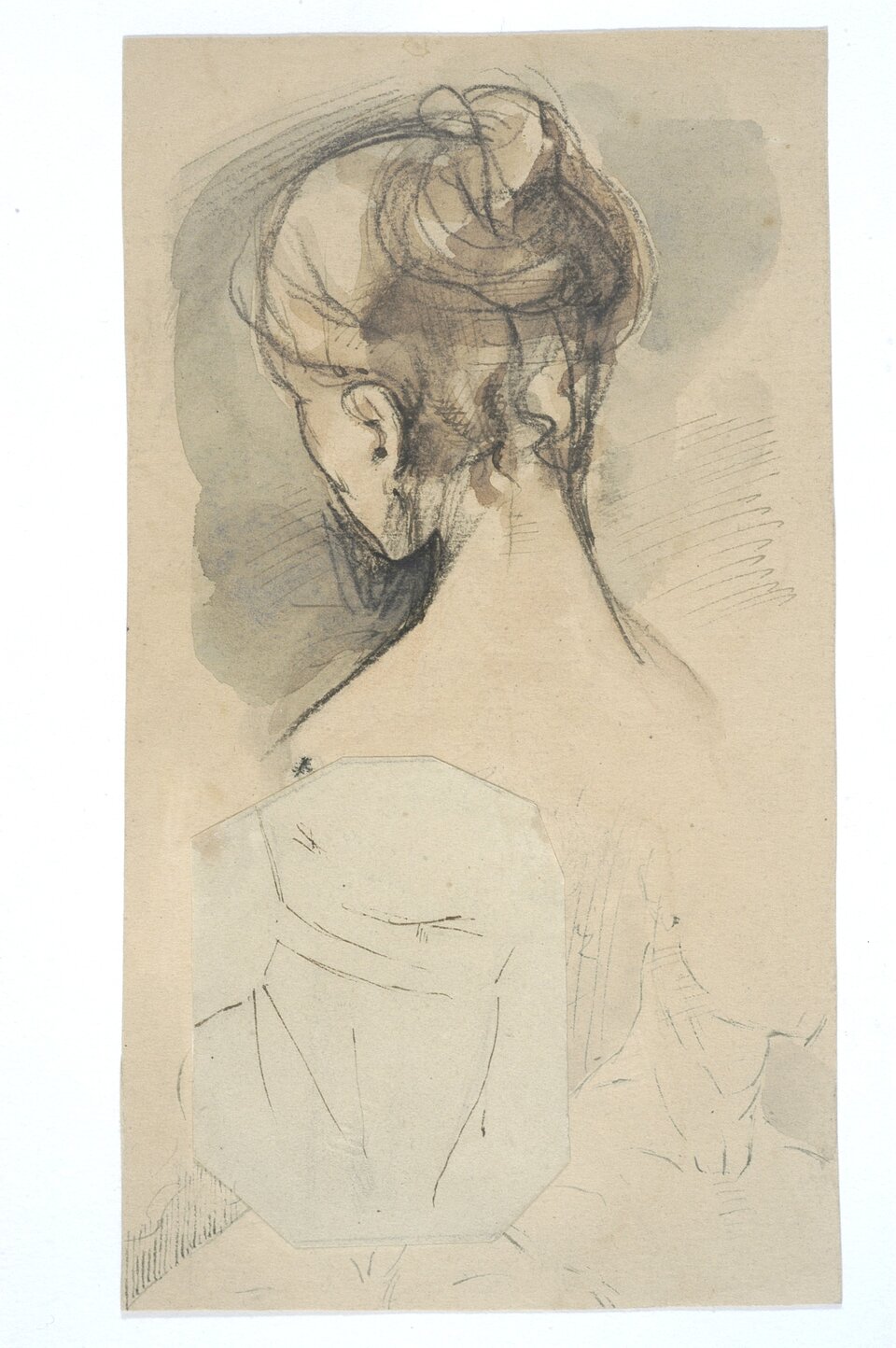 Obraz przedstawia górną cześć sylwetki kobiety, ukazaną tyłem do widza. Kobieta ma długie, upięte włosy, smukłą szyję i łagodnie opadające ramiona.