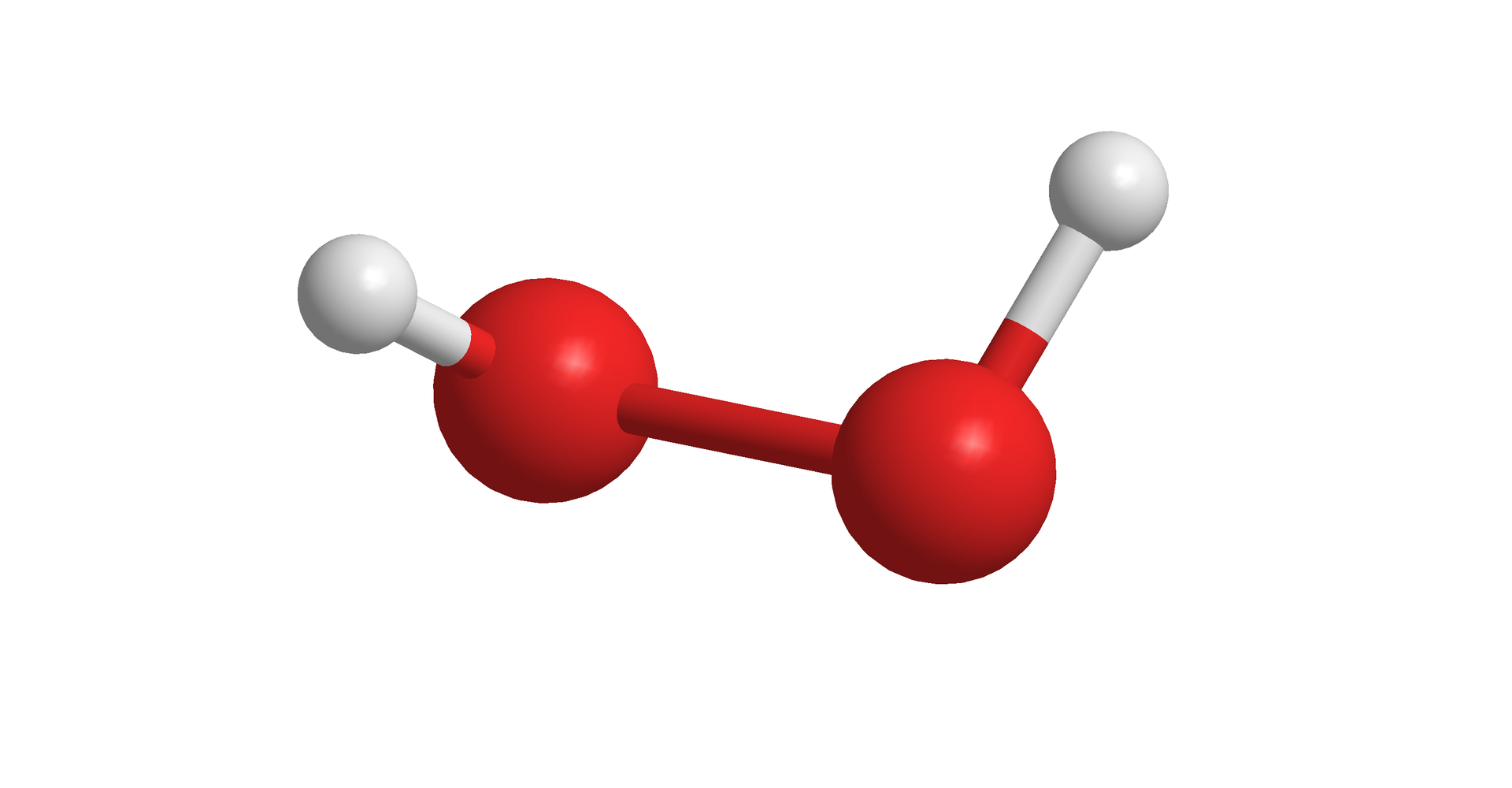 Ilustracja przedstawiająca model kulkowy nadtlenku wodoru. Atom wodoru symbolizowany przez małą, białą kulkę związany jest z atomem tlenu symbolizowanym przez większą, czerwoną kulką, która to łączy się z następnym atomem tlenu połączony z drugim atomem wodoru. Kąty HOO wynoszą około 100 stopni.