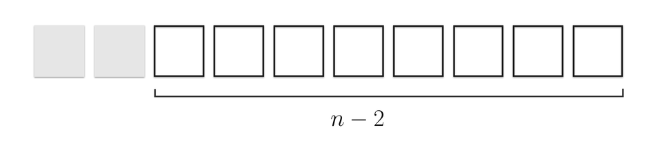 Rysunek przedstawia szereg dziesięciu kwadratów, przy czym pierwsze dwa kwadraty są zamalowane na kolor szary, a następne osiem niezamalowanych kwadratów jest objęte klamrą z podpisem n minus 2.
