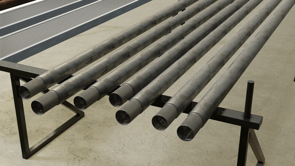 Na zdjęciu widoczne są rury okładzinowe na rampie.Siedem przewodów są w kształcie podłużnych rur. Na zakończeniu rur znajduje się gwintowana. Przewody leżą na stalowym stelażu.