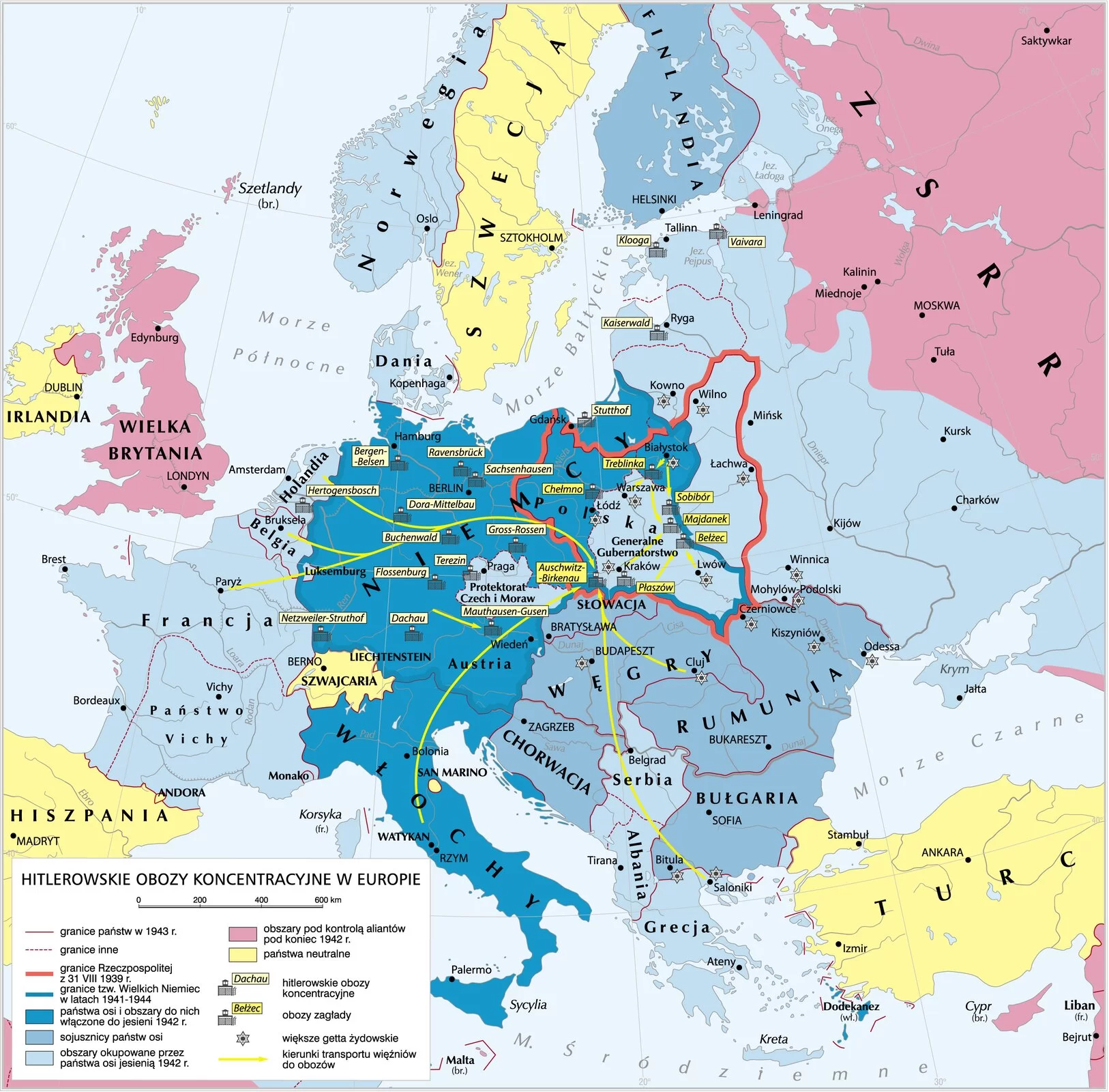 Mapa Europy ukazuje rozmieszczenie hitlerowskich obozów koncentracyjnych w Europie. Obozy te dzielą się na obozy koncentracyjne i obozy zagłady. Na terenie dzisiejszych Niemiec poczynając od północy znajdowały się następujące obozy koncentracyjne: Bergen‑Belsen, Ravensbruck, Sachsenhausen, Dora‑Mittelbau, Buchenwald, Flossenburg, Netzweller‑Struthof i Dachau. Na terenie Austrii znajdował się obóz Mauthausen‑Gusen, na terenie Holandii – Hertogenbasch, na terenie Protektoratu Czech i Moraw – Terezin, a na terenie ówczesnych niemieckich Prus Wschodnich – Stutthof. Na terenie dzisiejszej Łotwy był obóz Kaiserwald, z kolei w dzisiejszej Estonii dwa obozy – Klooga i Vaivara. Na obszarze przedwojennej Polski znajdowały się liczne obozy zagłady. Zaczynając od północy obozy umiejscowione były w Treblince, Chełmnie, Sobiborze, Majdanku, Bełżcu; na południu Polski w Auschitz‑Birkenau i Płaszowie. Zaznaczono również miasta, gdzie znajdowały się największe getta żydowskie: Warszawa, Łódź, Kraków, Lwów, Białystok, Łachwa i Wilno. W przedwojennym ZSRR takie getta znajdowały się w Winnicy oraz Mohylowie Podolskim, w przedwojennej Rumunii w Czerniowcach, Kiszyniowie, Odessie, na Węgrzech w Budapeszcie i Cluj, w Bułgarii w Bituli, a w Grecji w Salonikach. Żółtymi strzałkami zaznaczono głównie kierunki transportu więźniów do obozów. Do Auschwitz transportowano więźniów z Holandii, Belgii, z Francji, głównie z Paryża, z Włoch oraz z Węgier głównie z getta w Cluj oraz z Grecji głównie z Salonik. Z terenów dzisiejszych Niemiec znaczną ilość więźniów transportowano do obozu Mauthausen‑Gusen, z Białegostoku do Sobiboru i do Treblinki, Żydów ze Lwowa przewożono do Bełżca, a z Krakowa do Majdanka.