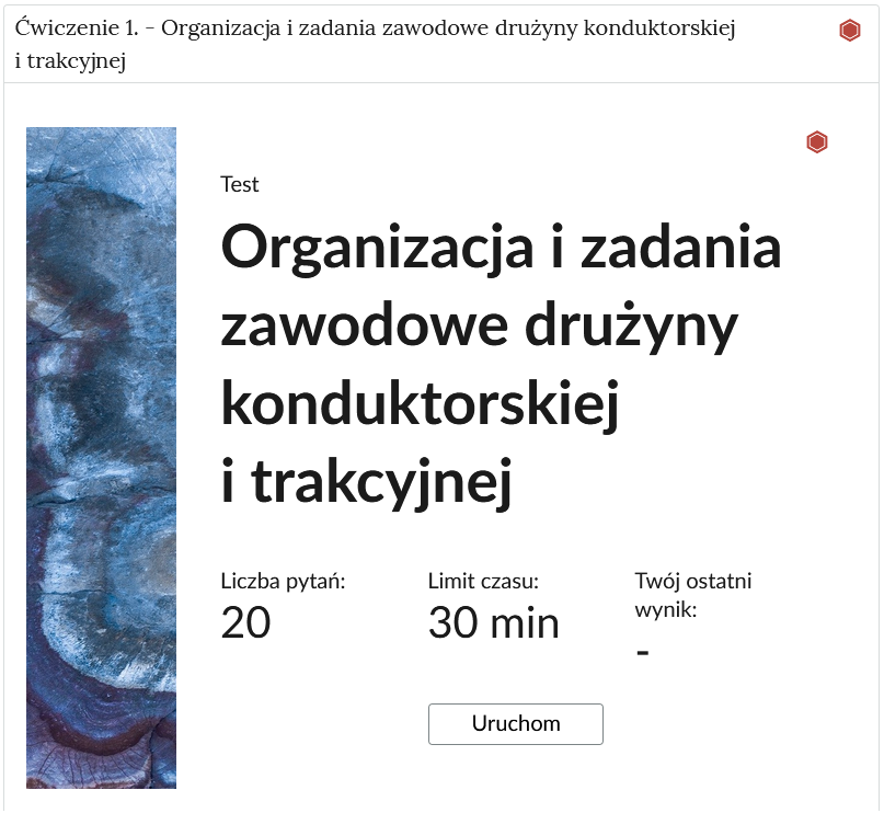 Zrzut ekranu przedstawia przykładowy wygląd zadania. Na zdjęciu widoczna jest rozwinięta zakładka z ćwiczeniem pierwszym. W zakładce zawarty jest test wiedzy. Na początkowym ekranie testu znajduje się tytuł, poniżej którego są podane: liczba pytań, limit czasu oraz ostatnio uzyskany wynik. Z lewej strony znajduje się ozdobny prostokąt.