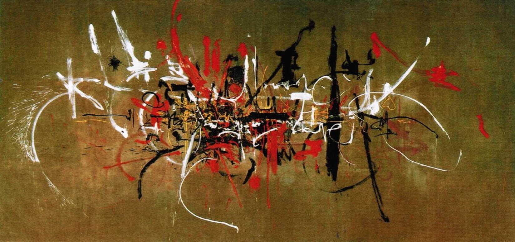 Ilustracja prezentuje abstrakcyjne dzieło. Na brązowe tło nałożono czerwoną, czarną i białą farbę. Kolory te tworzą kompozycję, która skupia się w centrum dzieła. Pociągnięcia pędzlem są zdecydowane, proste oraz w formie zawijasów, szlaczków. Całość swoją formą przypomina nieczytelny napis lub graffiti.