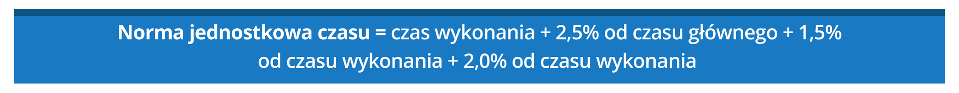 Grafika przedstawia następujący wzór: norma jednostkowa czasu równa się czas wykonania plus 2,5% od czasu głównego plus 1,5% od czasu wykonania plus 2,0% od czasu wykonania.