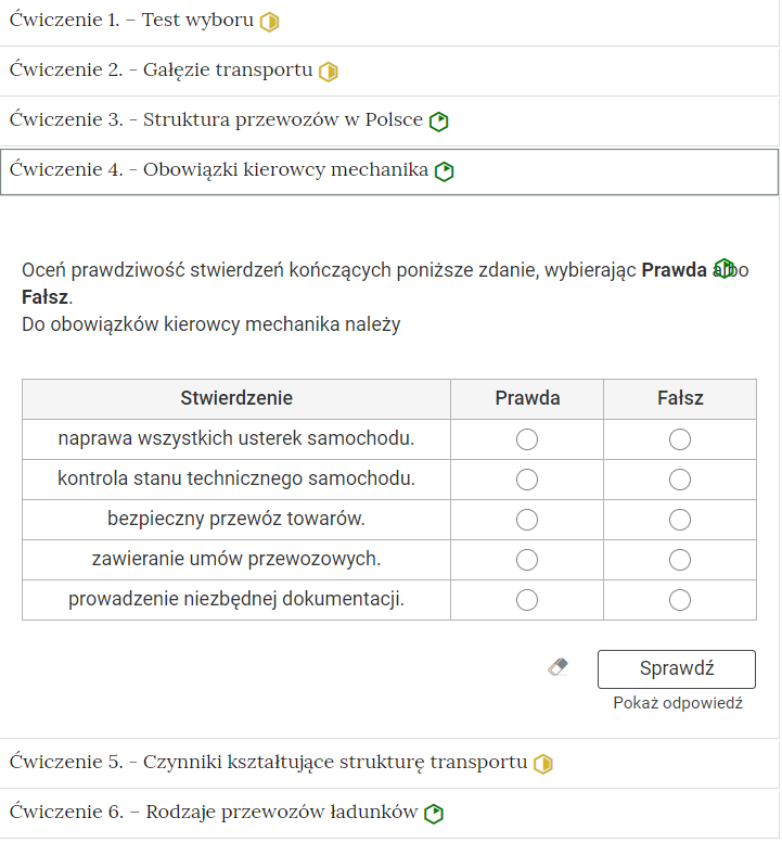 Przykładowy widok rozwiniętej zakładki z zadaniami