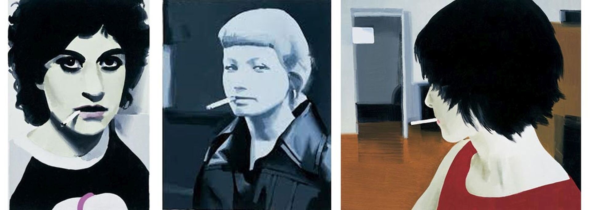 Ilustracja przedstawia pracę Wilhelma Sasnala „Palące dziewczyny”. Praca składa się z trzech obrazów, ukazujących inną kobietę palącą papierosa. Pierwszy obraz prezentuje czarno‑biały portret kobiety o różowych ustach, ustawionej frontalnie. Drugi obraz przedstawia kobietę w półprofilu o blond włosach. Jest namalowany w szarobłękitnych odcieniach. Na trzecim portrecie kobieta z papierosem odwrócona jest tyłem do widza. Ma czerwoną bluzkę na ramiączkach. Jej włosy są czarne. Tłem obrazu jest wnętrze pomieszczenia mieszkalnego.