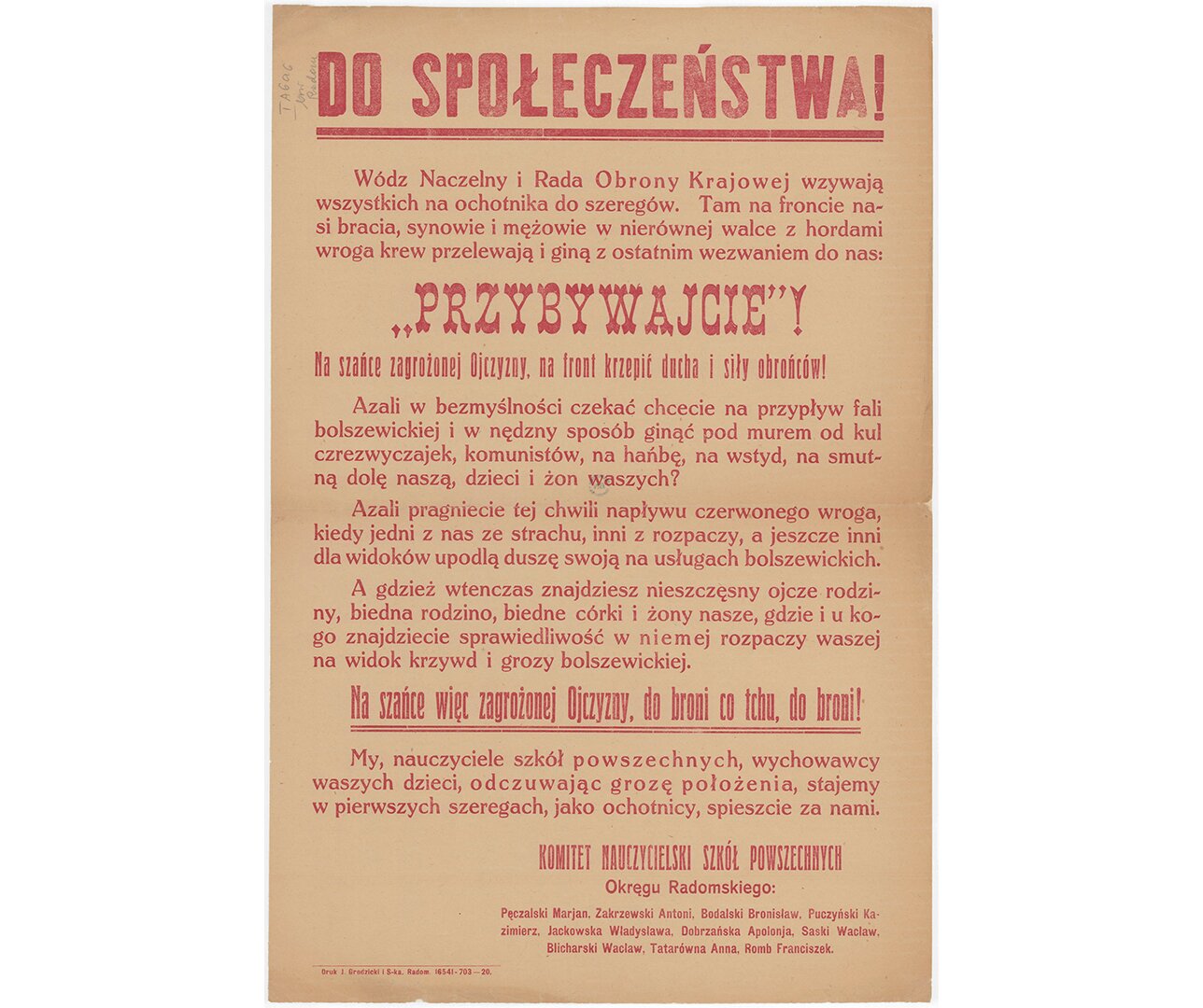 Grafika przedstawiająca plakat. Naczelny Wódz i Rada Obrony Narodowej wzywają wszystkich wolontariuszy do zaciągnięcia się.
