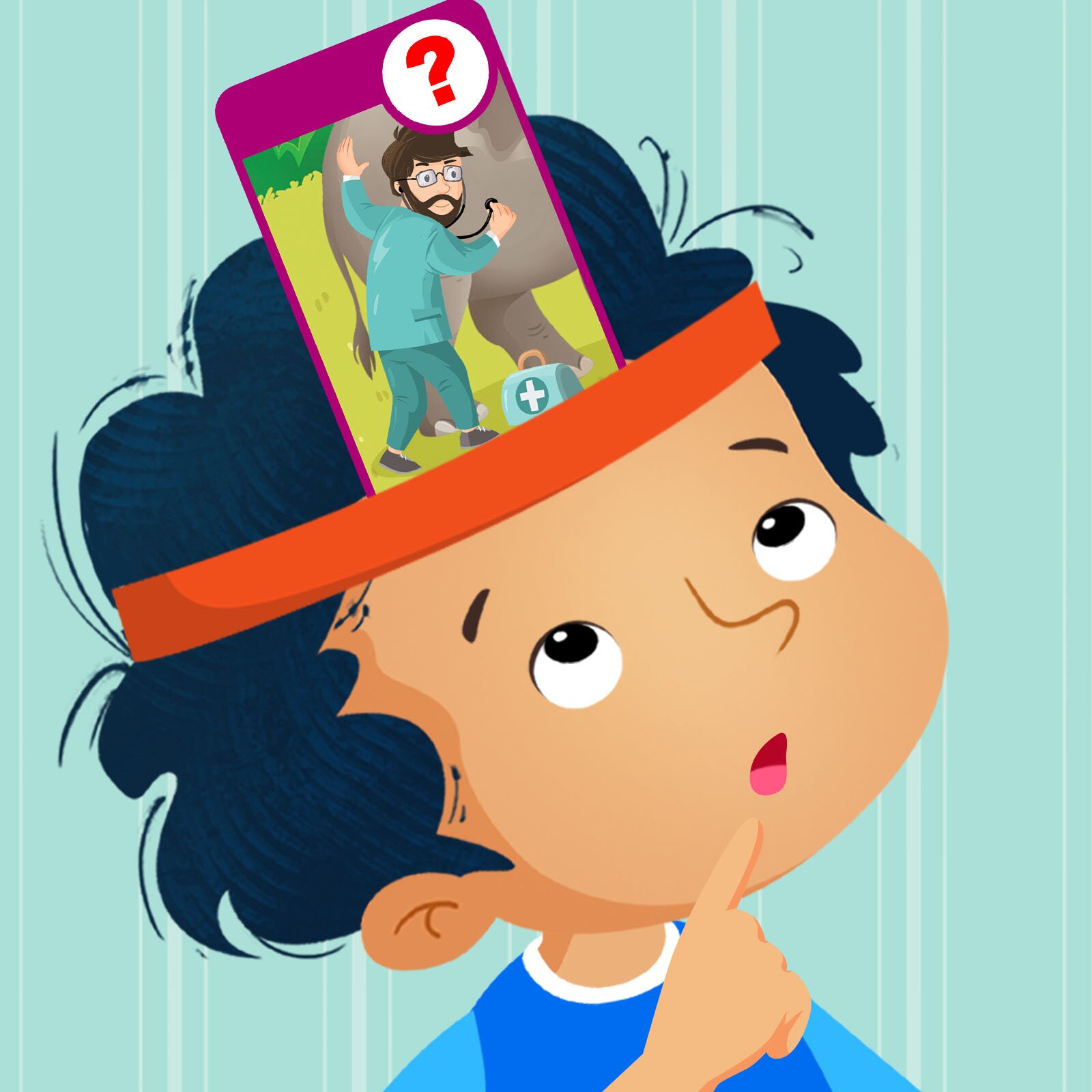 Ilustracja przedstawia chłopca, który ma na czole kartę przedstawiającą weterynarza badającego słonia. Obok postaci widoczny jest czerwony znak zapytania.