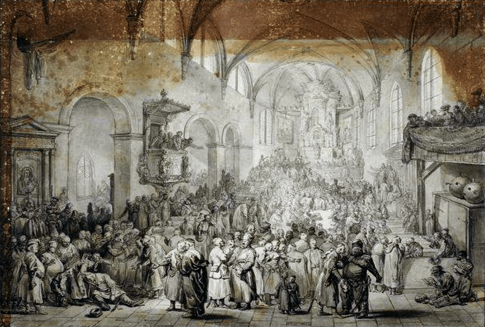 Obraz przedstawia wnętrze obszernego kościoła. Znajdują się w nim licznie zgromadzeni szlachcice. Rozmawiają w niewielkich grupkach.