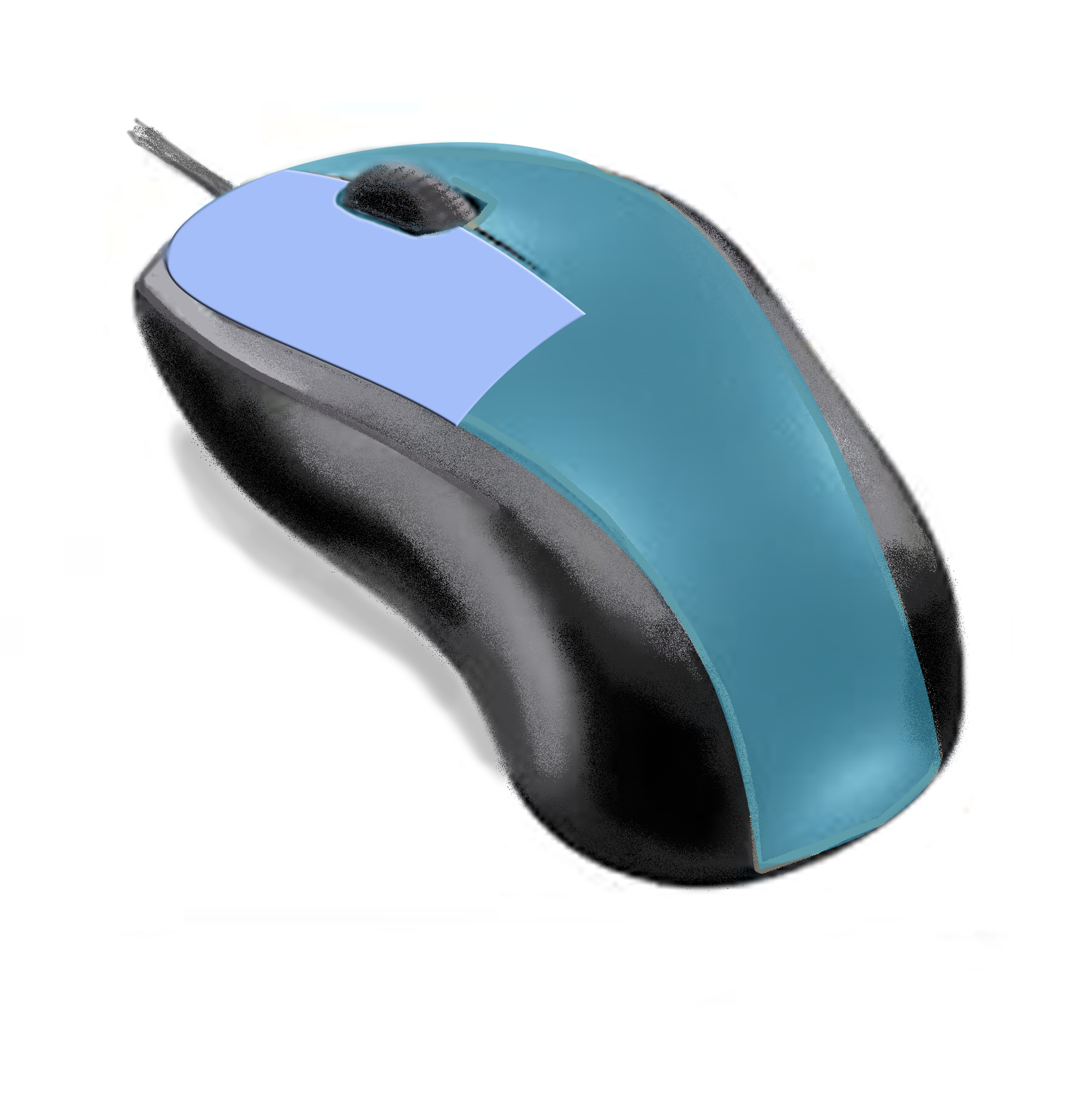 Ilustracja przedstawiająca mysz komputerową w niebiesko‑czarnym kolorze. Lewy przycisk myszy zaznaczony jest jasnoniebieskim wypełnieniem.