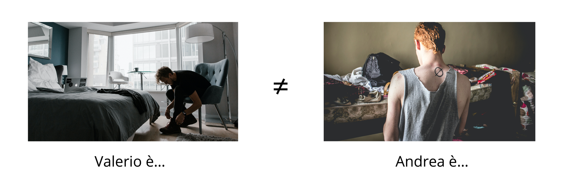 Ilustracja składa się z dwóch zdjęć. Na zdjęciu z lewej widać chłopaka, który siedzi na fotelu i związuje buty na tle uporządkowanego pokoju. Pod zdjęciem znajduje się napis: "Valerio è…" Na zdjęciu po prawej widać chłopaka stojącego tyłem do kadru na tle pokoju, w którym panuje nieporządek. Pod zdjęciem znajduje się napis: "Andrea è…" Pomiędzy zdjęciami znajduje się znak nierówności.