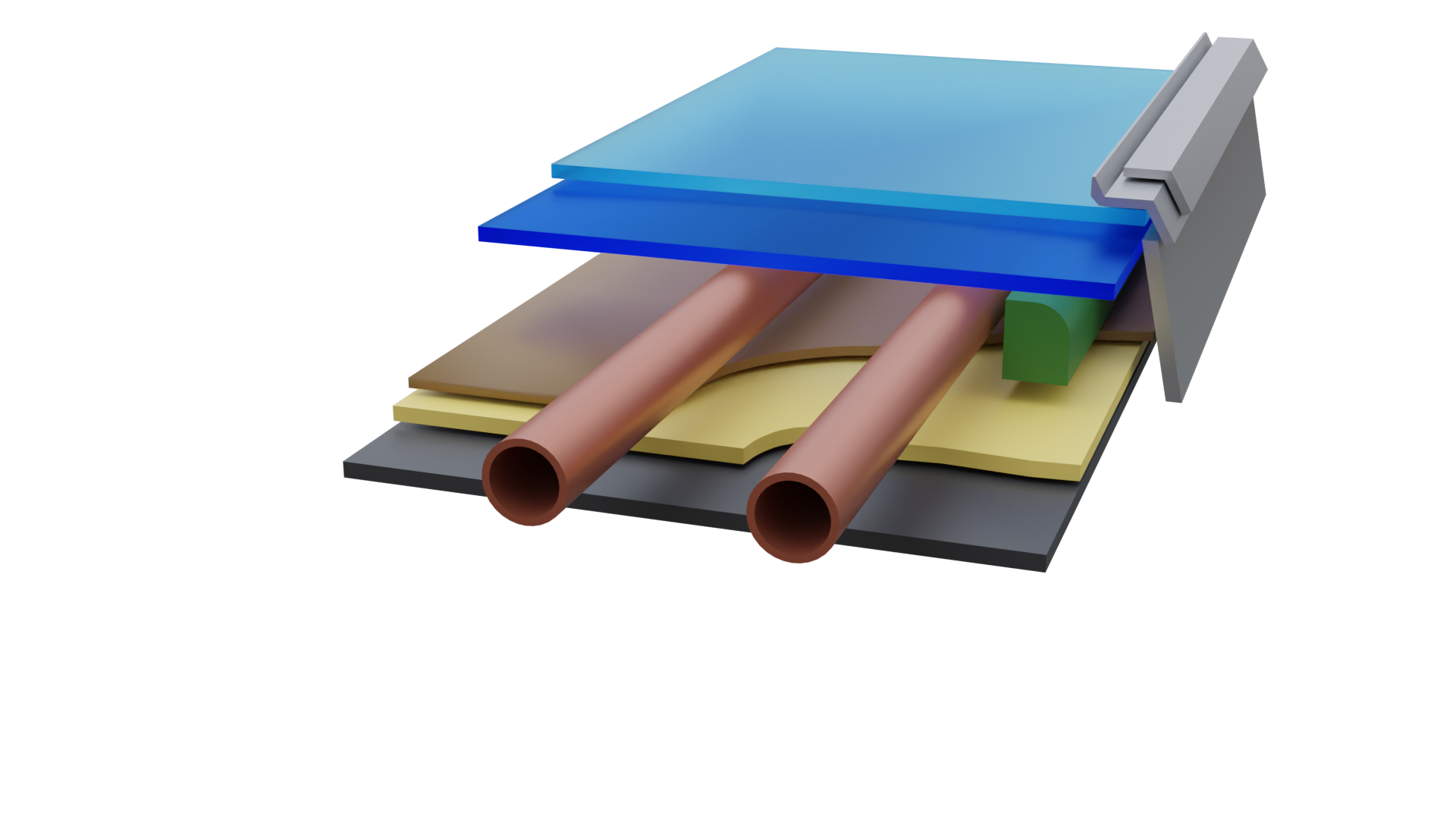 Grafika przedstawia budowę kolektora płaskiego. Pomiędzy warstwami płyt znajdują się dwie rury. 
