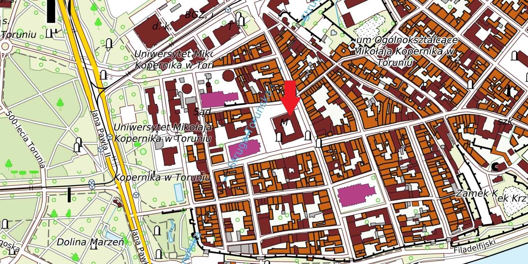 Mapa pochodząca z geoportalu ukazujące położenie Ratusza Staromiejskiego w Toruniu.