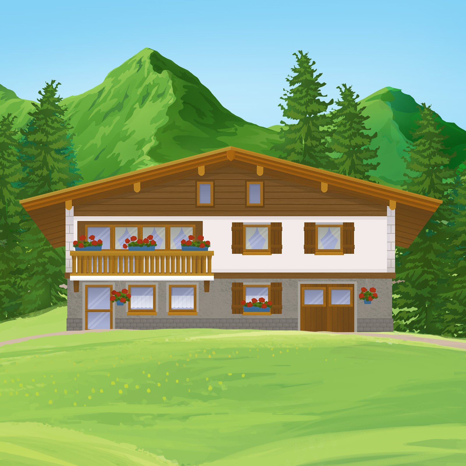 Ilustracja przedstawia dom w górach.
