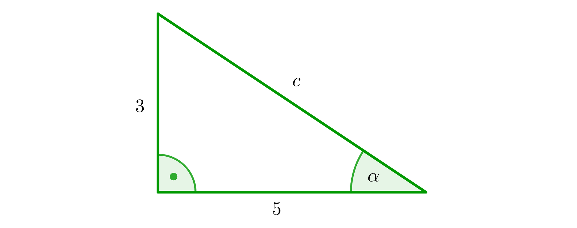 Rysunek przedstawia trójkąt prostokątny o podstawie o długości 5, pionowej przyprostokątnej o długości 3 oraz o przeciwprostokątnej c. Zaznaczono także dwa kąty wewnętrzne trójkąta. Kąt prosty między bokami o długościach 3 i 5 oraz kąt α między podstawą a przeciwprostokątną c.
