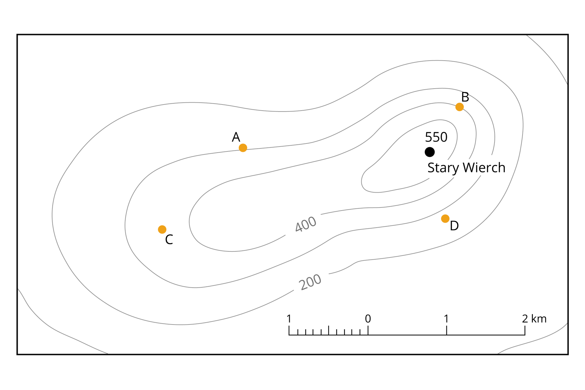 Mapa poziomicowa. W prawym dolnym rogu podziałka liniowa, na której jeden odcinek to jeden kilometr. Mapa przedstawia wzniesienie za pomocą metody poziomicowej. Opisana poziomica znajdująca się najbardziej na zewnątrz ma przypisaną wartość dwustu metrów. Kolejne poziomice nanoszone są co sto metrów. Wschodnia część wzniesienia jest bardziej stroma, przez co poziomice układają się bliżej względem siebie. Zachodnia część łagodniejsza, poziomice są ustawione w większych odległościach. Wschodnia część zwieńczona jest wzniesieniem Stary Wierch. Oznaczone jest czarną kropką z dopisaną wysokością nad poziomem morza – pięćset pięćdziesiąt metrów. Dodatkowo na mapie naniesiono żółtymi kropkami cztery punkty oznaczone kolejnymi literami alfabetu. Punkt A znajduje się na nieopisanej poziomicy umieszczonej między poziomicami z wartościami dwieście i czterysta metrów. Punkt B znajduje się na poziomicy z przypisaną wartością czterystu metrów. Punkt C znajduje się między poziomicą z przypisaną wartością czterystu metrów i poziomicą poniżej o wartości trzystu metrów. Punkt D znajduje się tuż pod poziomicą o wartości trzystu metrów.