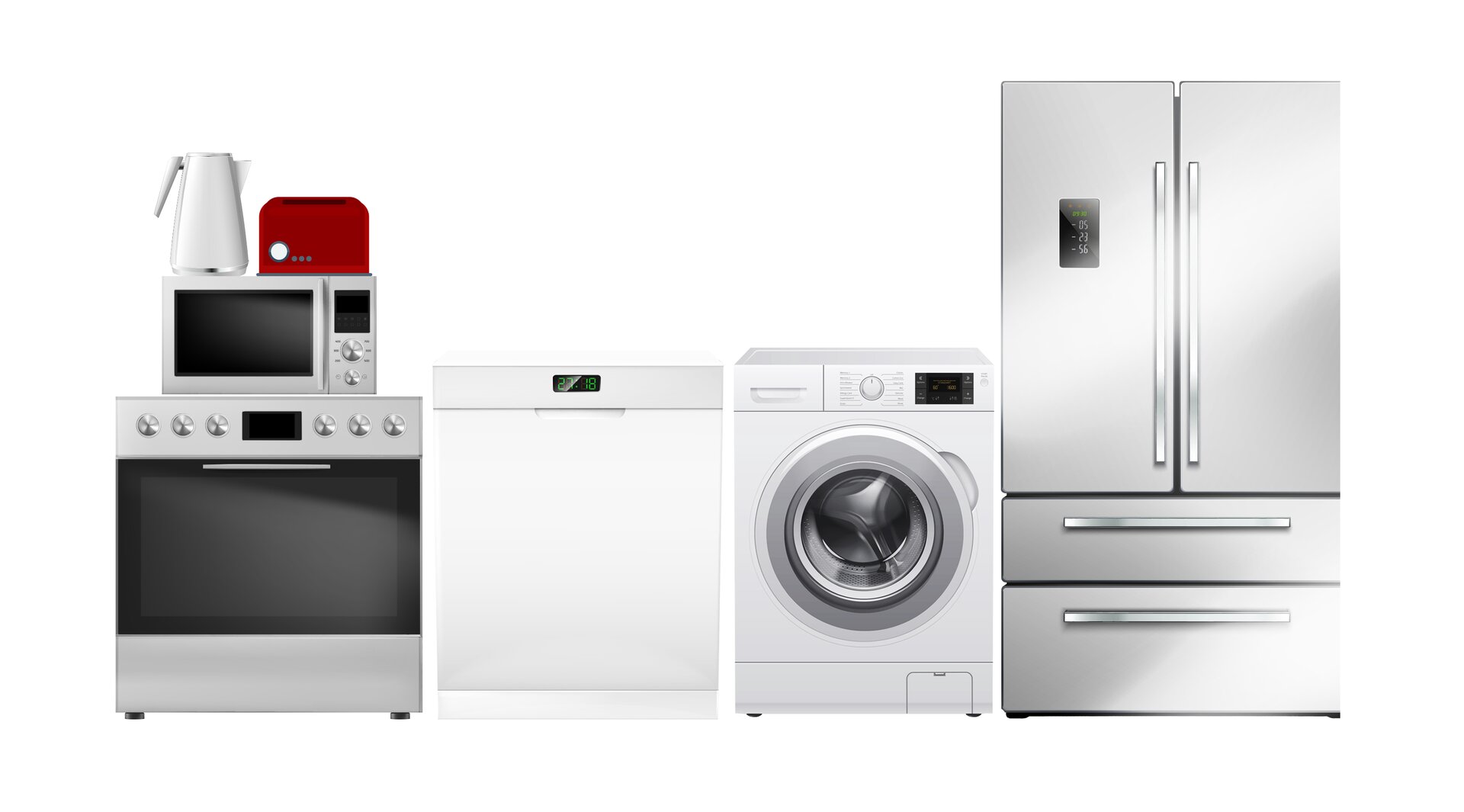 Ilustracja przedstawia sprzęt ADG. Widoczna jest kuchenka, na której stoi mikrofalówka, toster i czajnik elektryczny. Obok widoczna jest suszarka i pralka. Na końcu widoczna jest lodówka dwu drzwiowa z dwiema szufladami. 