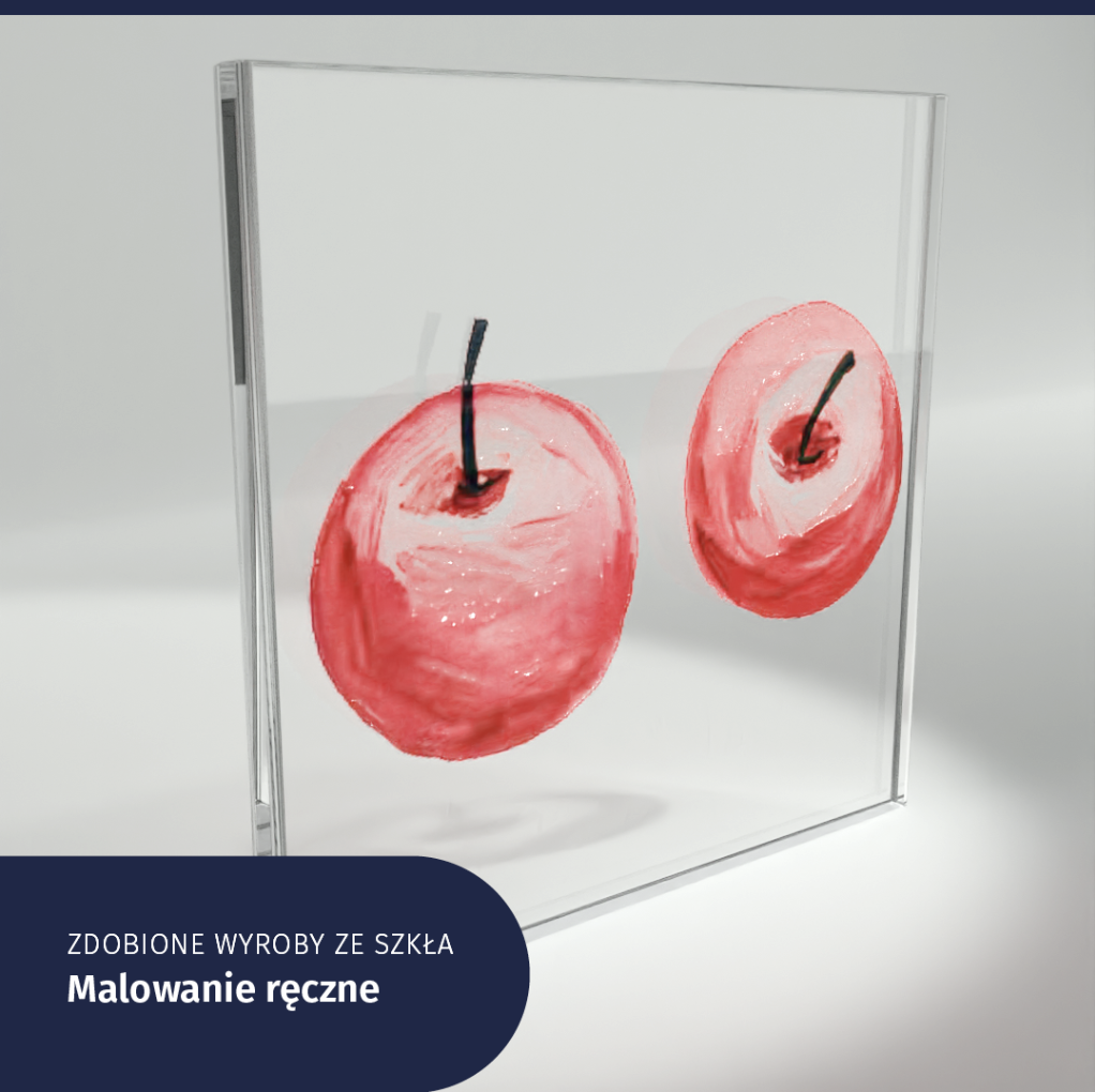 Ilustracja przedstawia dwa jabłka z ogonkami, namalowane na szkle. Podpis: Zdobione wyroby ze szkła. Malowanie ręczne.