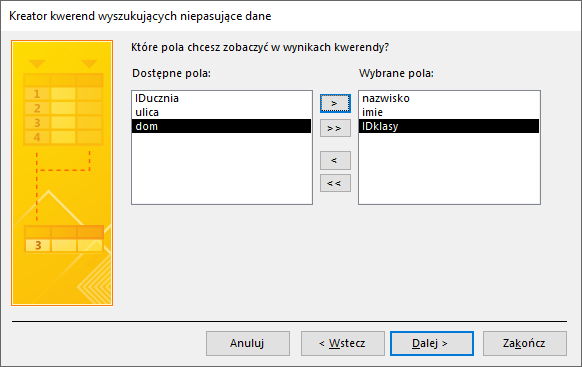 Zrzut ekranu przedstawia okno w programie  MS Access  zatytułowane: Kreator kwerend wyszukujących niepasujące dane. Po lewej stronie znajduje się żółte pole, w centrum napis: Które pola chcesz zobaczyć w wynikach kwerendy? Pod spodem znajdują się dwa okna: Dostępne pole z opcjami: IDucznia, ulica, dom oraz Wybrane Pola z opcjami: nazwisko, imie, IDklasy. W pierwszym oknie zaznaczona jest opcja: dom, w drugim opcja: ID klasy. Między oknami znajdują się przyciski: &gt;, &gt;&gt;, &lt;, &lt;&lt;.  Na dole okna widnieją prostokątne przyciski: Anuluj, &lt;Wstecz, Dalej&gt; oraz Zakończ.  