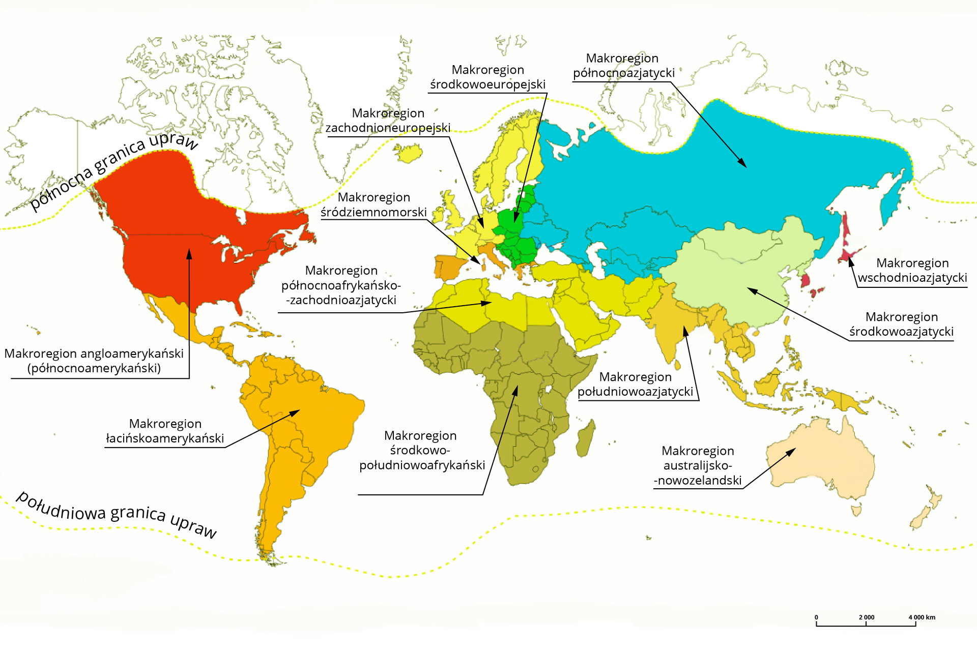 Mapa świata przedstawia rolnicze makroregiony. Każdy z makroregionów obejmuje określone kraje zaznaczone na dany kolor. Dodatkowo są oznaczone dwie linie granic upraw – północna i południowa. Północna linia przecina Kanadę, przechodzi pomiędzy Islandią, a Grenlandią obejmując Islandię oraz przecina Rosję nie obejmując jej północnej części, gdzie znajduje się Syberia. Południowa linia zaś przechodzi przez południowe krańce Ameryki Południowej, przez południowy Atlantyk, Ocean Indyjski i Pacyfik. Nie obejmuje Antarktydy. Makroregion angloamerykański, inaczej północnoamerykański, obejmuje południową Kanadę i Stany Zjednoczone. Makroregion łacińskoamerykański obejmuje całą Amerykę Południową, kraje Ameryki Środkowej, Meksyk i kraje karaibskie. W Europie znajduje się makroregion śródziemnomorski. Obejmuje on europejskie kraje nad Morzem Śródziemnym takie jak Portugalia, Hiszpania, Włochy i Grecja. Z kolei makroregion zachodnioeuropejski obejmuje Niemcy, Francję, Wielką Brytanię, Islandię i kraje skandynawskie. Makroregion środkowoeuropejski obejmuje Litwę, Łotwę, Estonię, Polskę, Słowację, Czechy, Rumunię i kraje bałkańskie. Makroregion północnoafrykańsko-zachodnioazjatycki obejmuje kraje Afryki saharyjskiej leżące nad Morzem Śródziemnym, m. in. Egipt i Algierię, a także Turcję, Bliski Wschód, Półwysep Arabski i Pakistan. Makroregion północnoazjatycki obejmuje m.in. Ukrainę, Białoruś, Rosję, Gruzję, Kazachstan czy Uzbekistan. W skład makroregionu środkowoazjatyckiego wchodzą Chiny, Korea Północna i Mongolia. Makroregion zachodnioazjatycki obejmuje Japonię i Koreę Południową. Region południowoazjatycki w swoim składzie zawiera Indie, kraje w Indochinach takie jak Wietnam czy Tajlandia, Indonezję, Malezję oraz Filipiny. W skład makroregionu środkowo-południowoafrykańskiego wchodzi większość państw Afryki z wyłączeniem państw saharyjskich. Makroregion australijsko-nowozelandzki składa się z Australii oraz Nowej Zelandii.