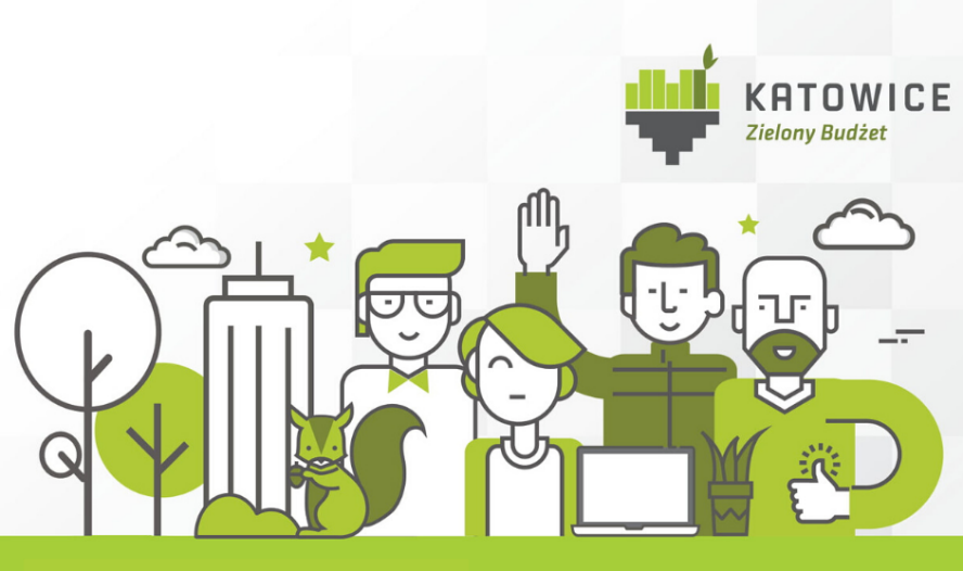 Schematyczny rysunek czterech uśmiechniętych osób przedstawionych od pasa w górę, przed nimi leży otwarty laptop, obok laptopa roślina doniczkowa, po ich lewej stronie wiewiórka, drzewa, wysoki budynek i chmura. W prawym górnym rogu logotyp przedstawiający serce i napis: Katowice Zielony Budżet