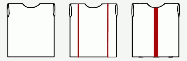 Ilustracja przedstawia trzy różne tuniki. Pierwsza tunika jest zupełnie gładka. Druga tunika ma po bokach wąskie, czerwone, pionowe pasy, które biegną od ramienia ku dołowi, przez całą długość tuniki. Trzecia tunika ma jeden, szeroki, czerwony, pionowy pas, który biegnie przez sam środek tuniki – od szyi ku dołowi tuniki.