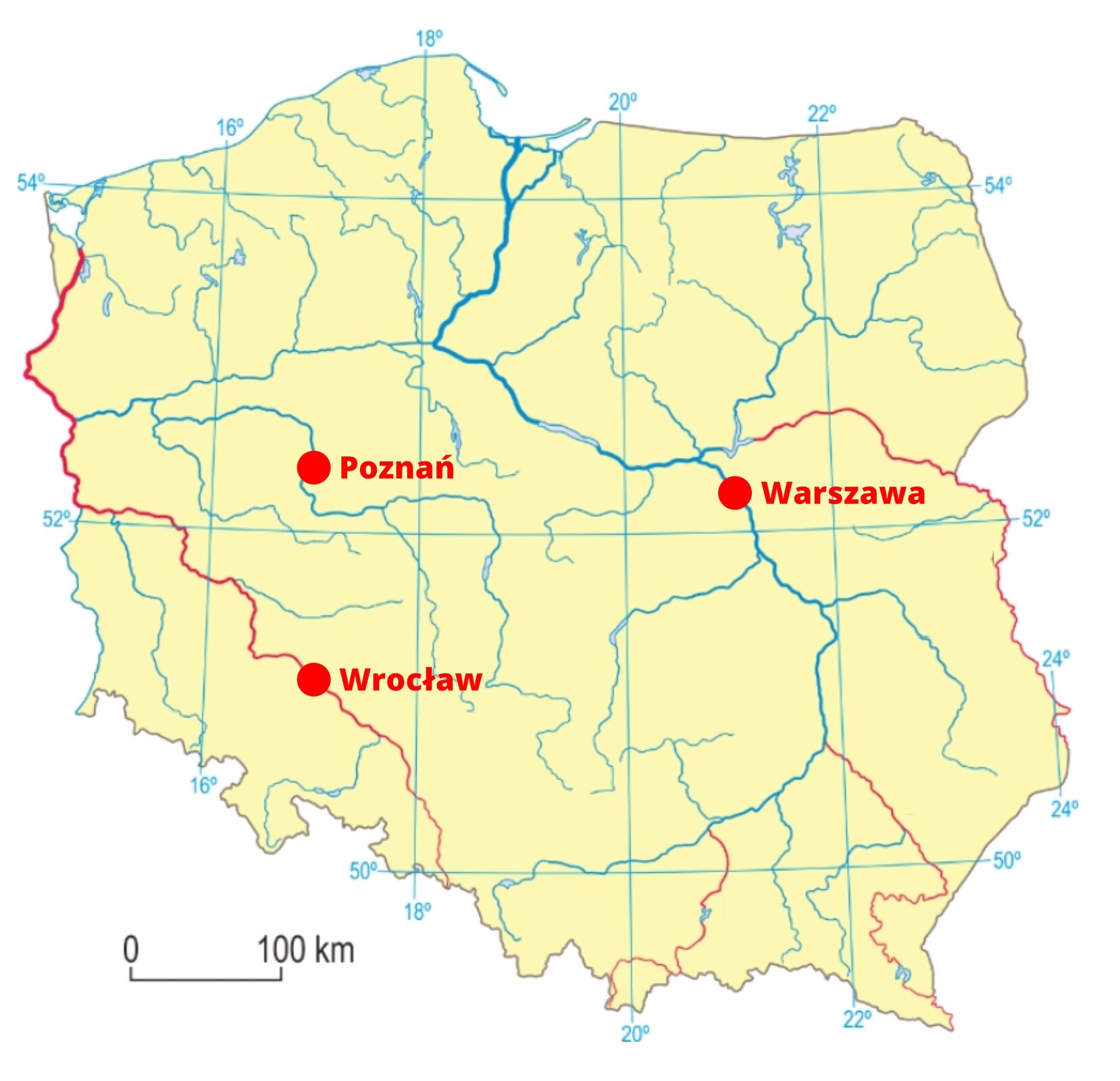 Rys. 3. Ilustracja przedstawia mapę Polski z zaznaczonymi granicami. Polskę pokazano w kolorze bladożółtym, a tereny poza jej granicami w kolorze białym. Na kontury Polski naniesiono pionowymi liniami południki, co dwa stopnie oraz poziomymi liniami równoleżniki, również co dwa stopnie. Na mapie zaznaczono czerwonymi punktami położenie trzech głównych miast Polski: Warszawa w centrum i lekko na wschód kraju, Poznań w połowie wysokości i na zachodzie, Wrocław w południowo‑zachodniej Polsce. W lewym dolnym rogu mapy widoczny jest poziomy, czarny odcinek nieco dłuższy niż jeden stopień długości geograficznej, który odpowiada stukilometrowemu odcinkowi drogi. Pamiętaj, że stosunek długości jednego stopnia geograficznego do odległości stukilometrowego odcinka drogi zależy od szerokości geograficznej. Jeden stopień długości geograficznej będzie przekładał się na najdłuższy odcinek drogi na równiku i będzie malał wraz ze zbliżaniem się do biegunów geograficznych.