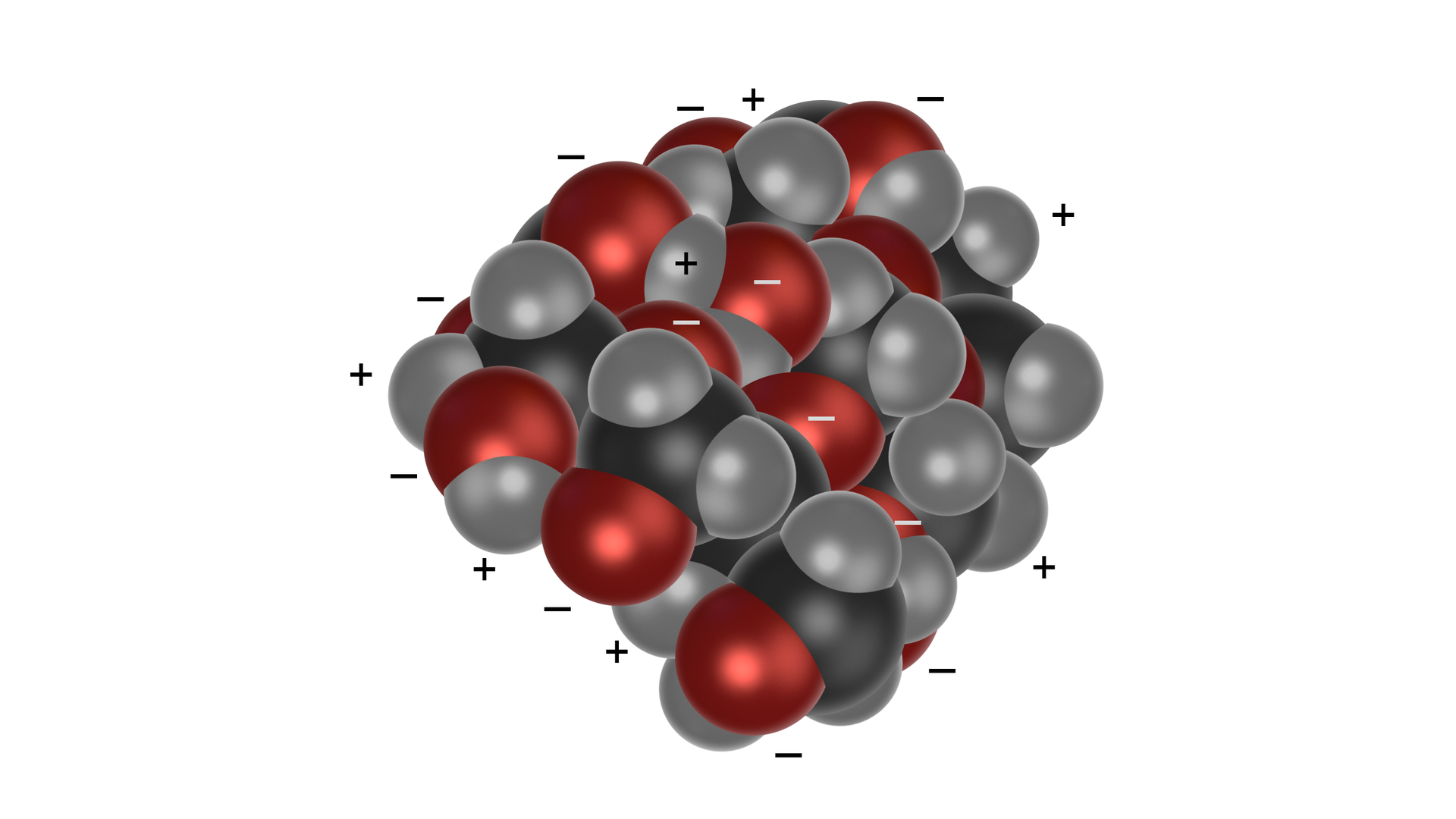 Ilustracja przedstawiająca model kulowy dwóch związanych ze sobą cząsteczek sacharozy, z uwagi na przeciwne naładowanie biegunów cząsteczek. Atomy węgla w modelu symbolizują czarne kulki, atomy tlenu czerwone, a wodoru białe. Jeden z pierścieni budujących pierwszą cząsteczkę interkaluje pomiędzy obydwa pierścienie drugiej cząsteczki sacharozy (to jest znajduje się dokładnie między nimi, oddziela je). Drugi pierścień pierwszej cząsteczki osłania od zewnątrz jeden z pierścieni drugiej cząsteczki. Nakładają się one ze sobą podobnie jak dwie zakładki lub haczyki. 