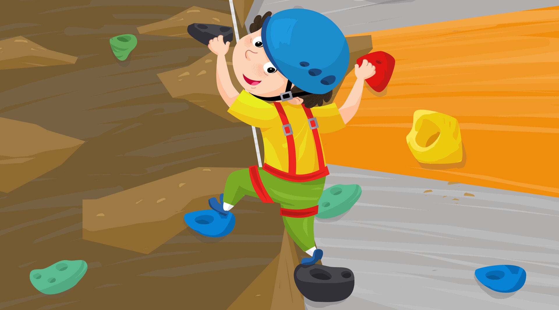 Na ilustracji znajduje się dziecko na ściance do wspinaczki.