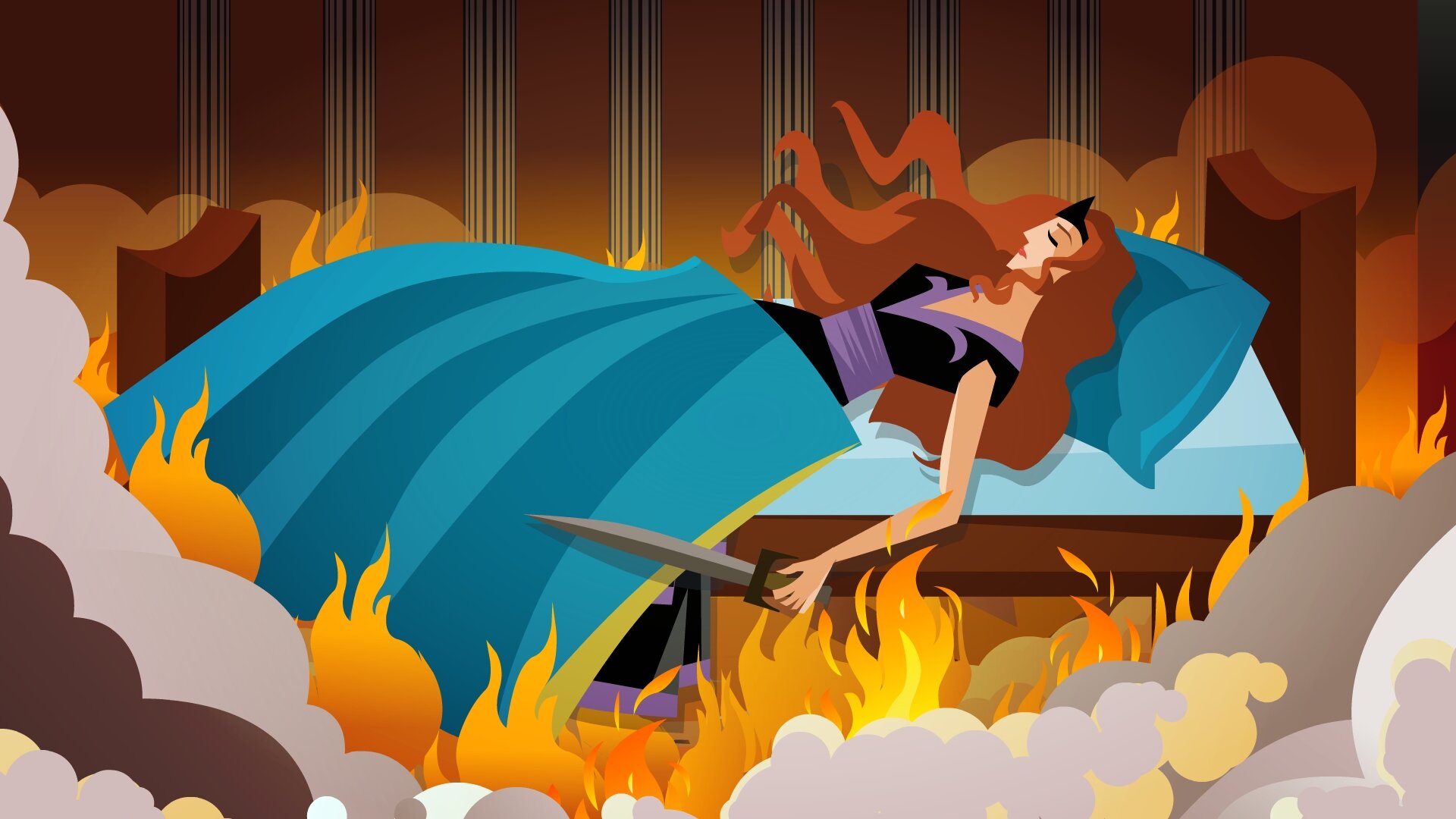 Ilustracja przedstawia Dydonę leżącą na łóżku. Obok widoczne są płomienie oraz kłęby dymu. Kobieta w dłoni trzyma sztylet.