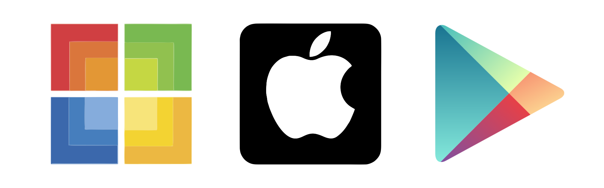 Ilustracja przedstawia logotypy sklepów producentów popularnych systemów operacyjnych. Microsoft Store - kwadrat podzielony na cztery mniejsze. Każdy z nich jest w innym kolorze (czerwony, zielony, niebieski, żółty), a ich wypełnienie jest cieniowane od zewnątrz do środka. Apple Store - kwadrat z zaokrąglonymi rogami,w środku nadgryzione jabłko. Google Play - trójkąt równoramienny skierowany w prawą stronę, wypełniony kolorami, które na siebie zachodzą tworząc wewnątrz wzory z trójkątów.